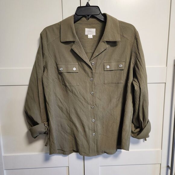 Christopher & Banks Olive Roll Up Sleeve Button Front Blouse  Sz  XL - Picture 1 of 6